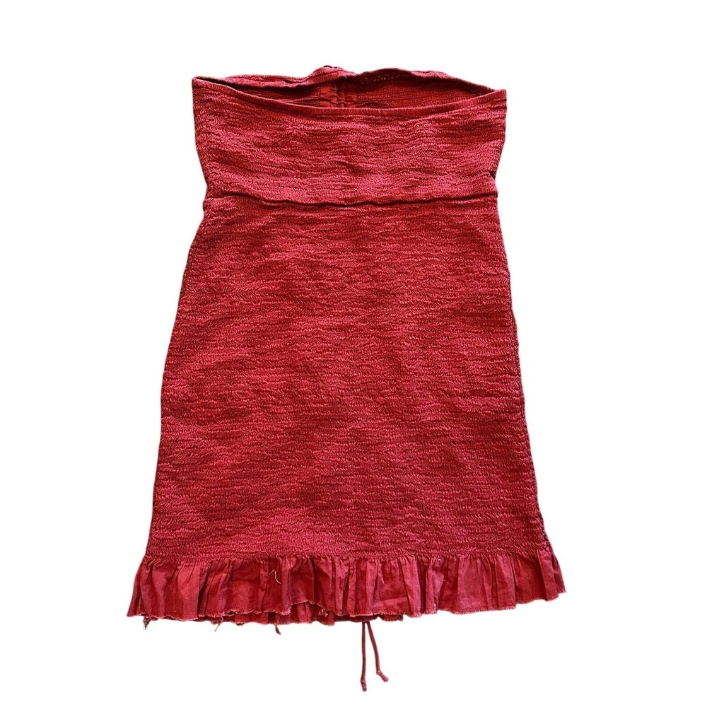 Free People Intimately Red Smocked Mini Dress Strapless Ruffle Hem Large‎ - Picture 2 of 4